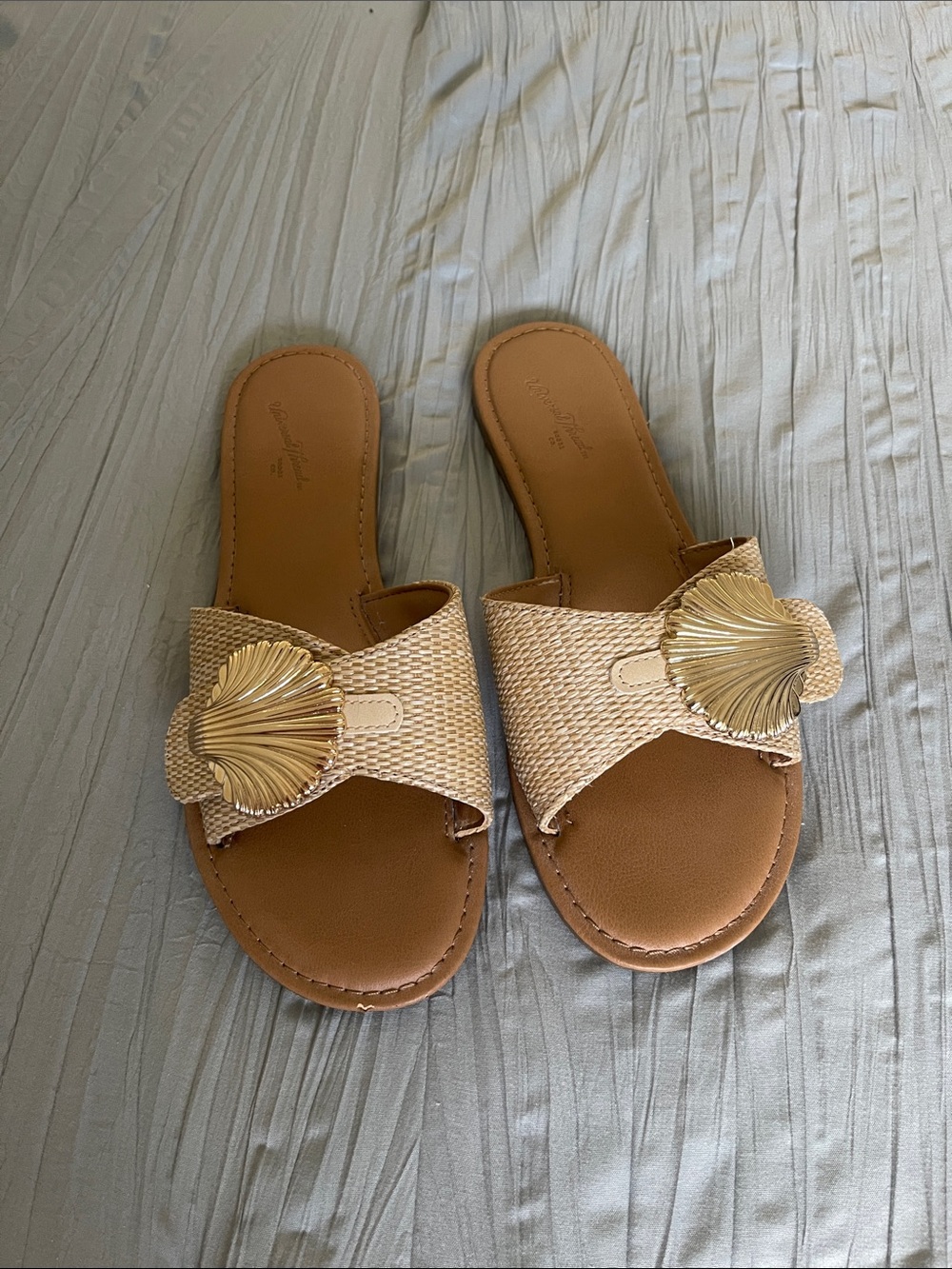 Woven Tan Slide Sandals with Gold Shell Accent